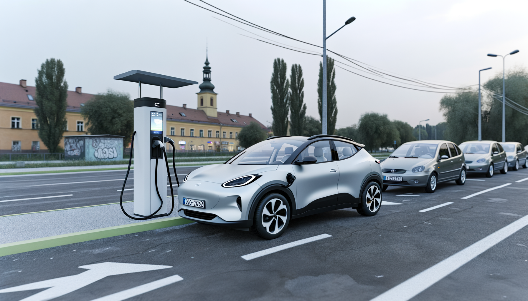 Elektrisk bil oplader ved ladestation på byens gade