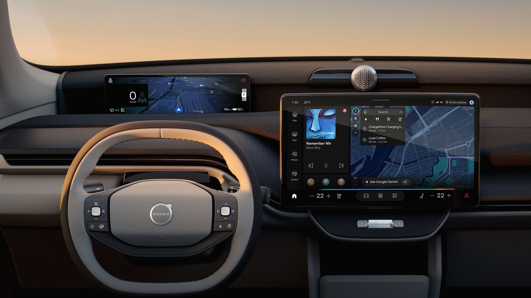 Futuristisk Volvo bilinteriør med avanceret digitalt display og navigationsskærm