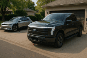Ford F-150 Lightning og Hyundai Ioniq 5 parkeret i indkørsel