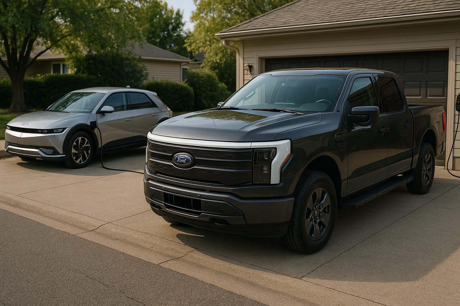 Ford F-150 Lightning og Hyundai Ioniq 5 parkeret i indkørsel