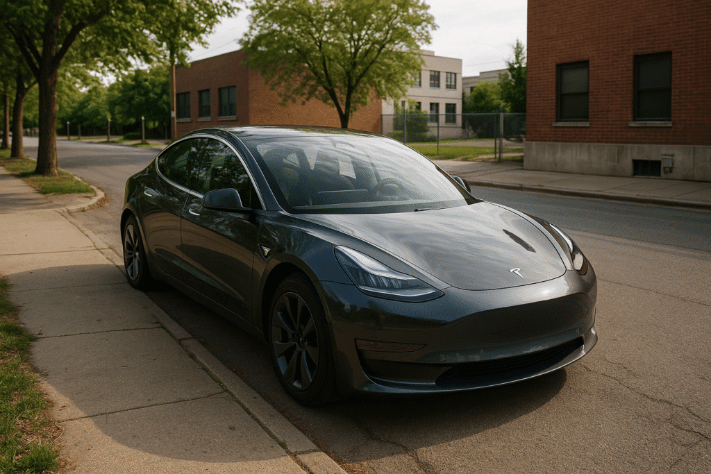 Tesla Model 3 parkeret i byområde