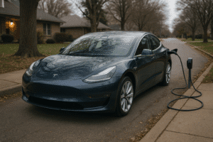 Tesla Model 3 oplader i villakvarter