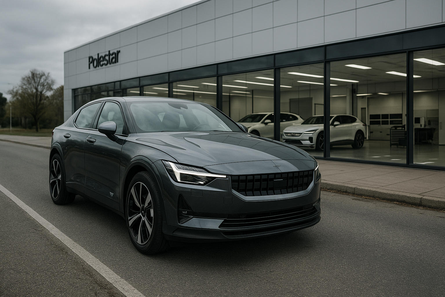 Polestar sedan foran udstillingslokale