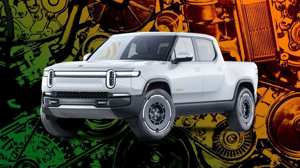 Rivian R1T lastbil foran farverig baggrund