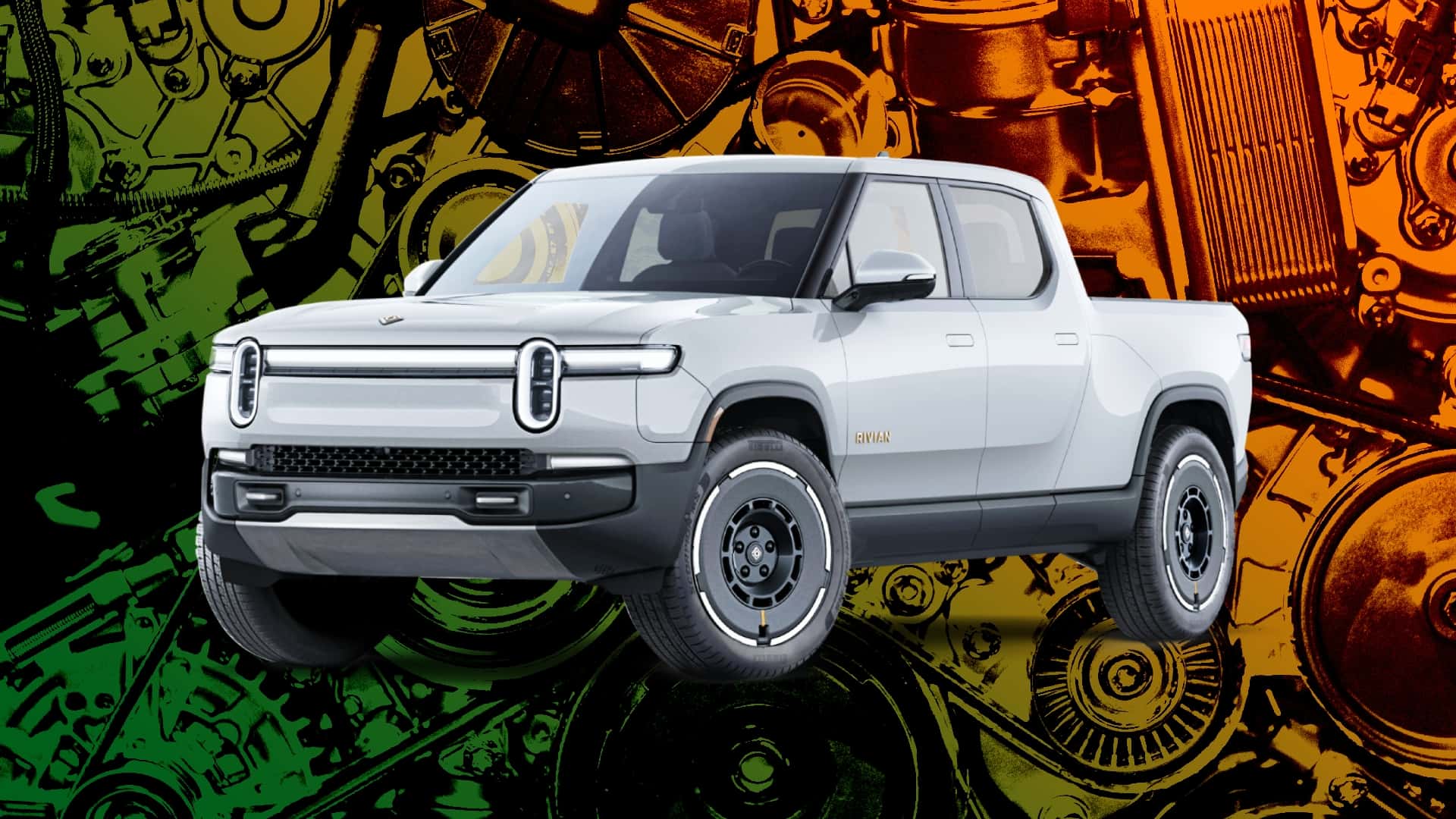 Rivian R1T lastbil foran farverig baggrund