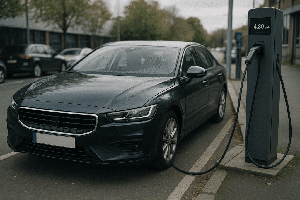 Elektrisk sedan oplader ved ladestation