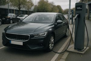 Elektrisk sedan oplader ved ladestation