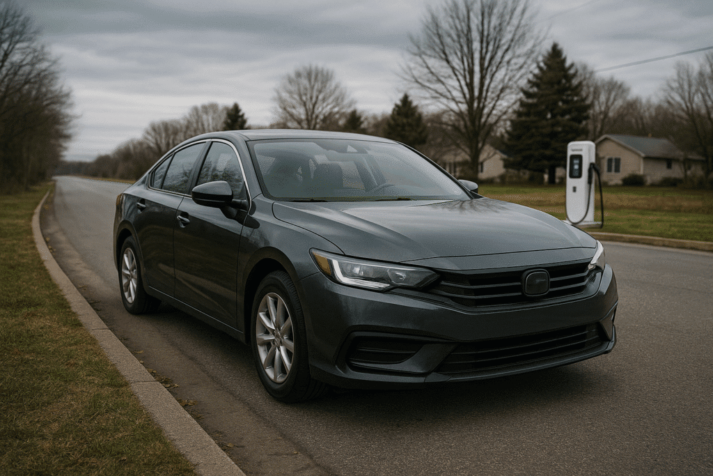 Kompakt elektrisk sedan ved opladningsstation