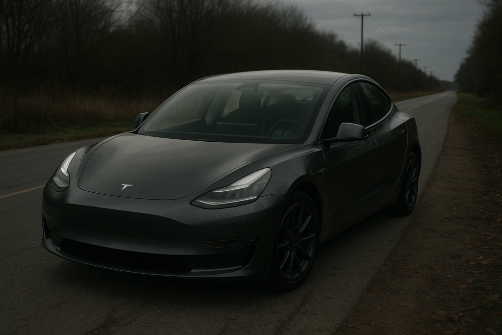Tesla Model 3 parkeret på landevej