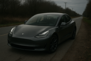 Tesla Model 3 parkeret på landevej