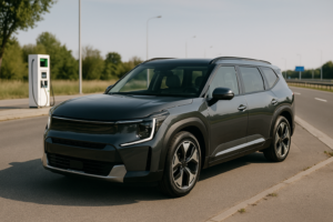 Elektrisk SUV ved ladestation på landevej