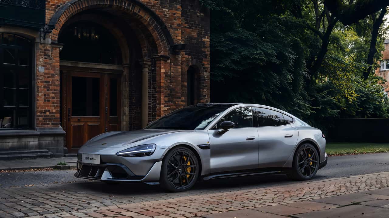 Elektrisk sports sedan parkeret foran bygning