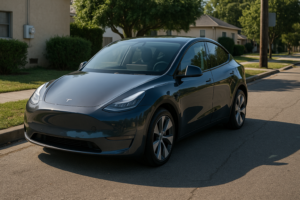 Tesla Model Y parkeret i et boligområde