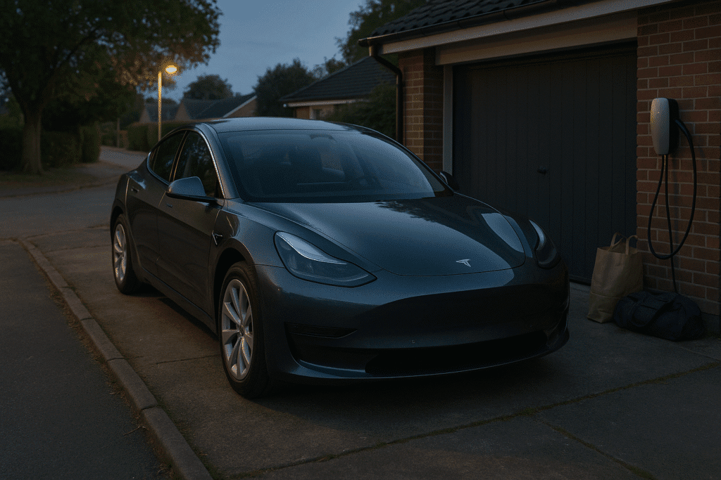Tesla Model 3 parkeret ved et hus om aftenen