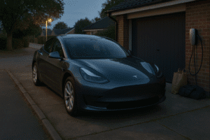 Tesla Model 3 parkeret ved et hus om aftenen
