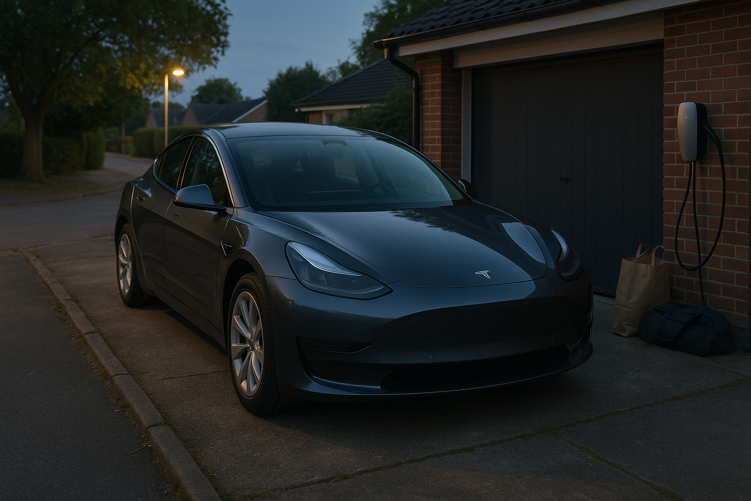 Tesla Model 3 parkeret ved et hus om aftenen