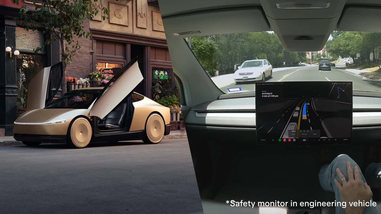 Futuristisk elektrisk bil med sakse døre parkeret ved butik