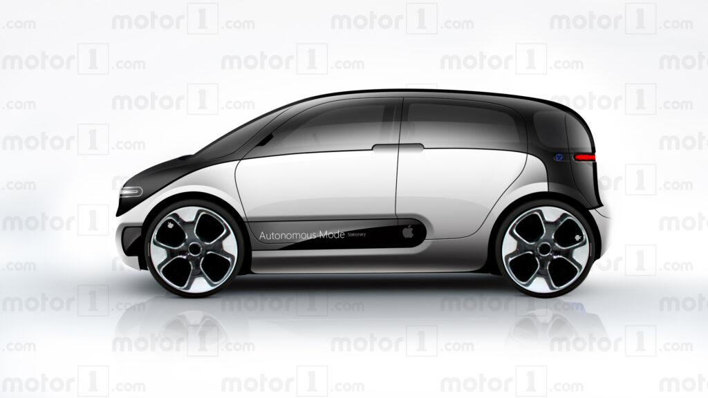 Futuristisk elbil med Apple-logo sidevisning