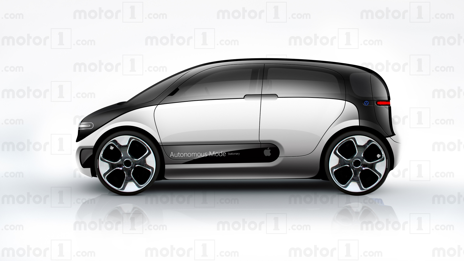Futuristisk elbil med Apple-logo sidevisning