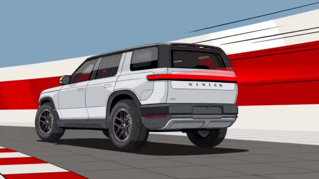 Rivian SUV på bane bagfra