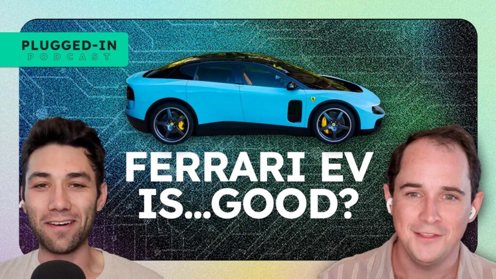 Ferrari elektrisk bil i lyseblå på podcastgrafik