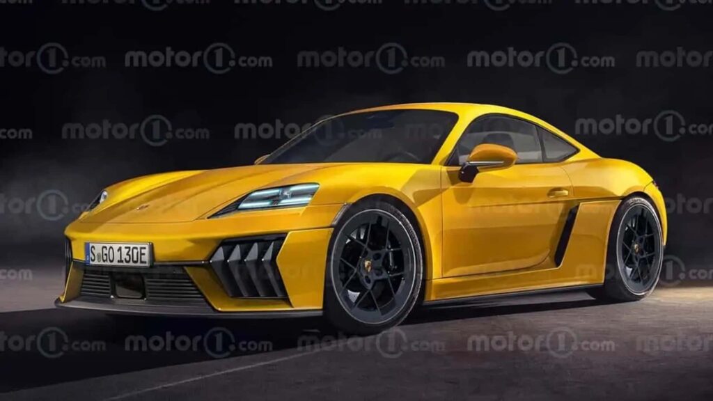 Gul Porsche elbil i et studio-miljø