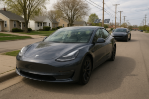 Tesla Model 3 og Model Y parkeret i villakvarter