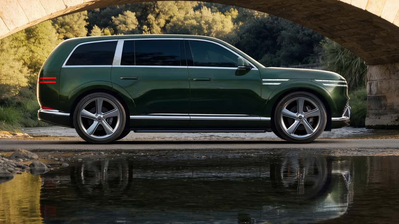 Elektrisk SUV parkeret ved bro over vand
