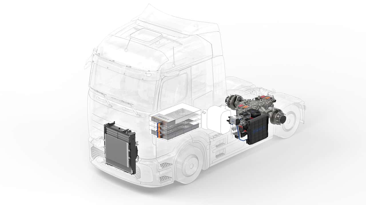Diagram af elektrisk lastbilmotor og batteri