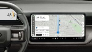 Rivian rattet og navigationssystem i SUV