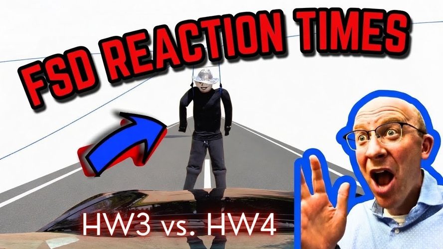 FSD reaktionstider test HW3 vs HW4 på skærm