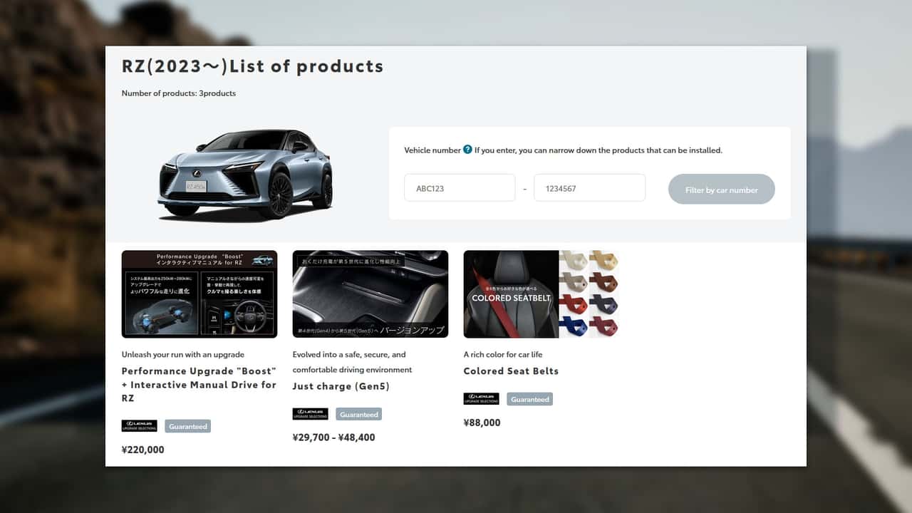 Lexus RZ SUV produktliste på hjemmeside