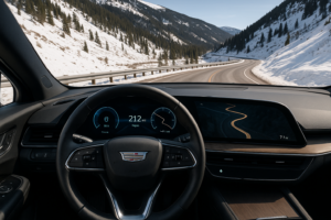 Cadillac interiør med digital instrumentering i bjerglandskab