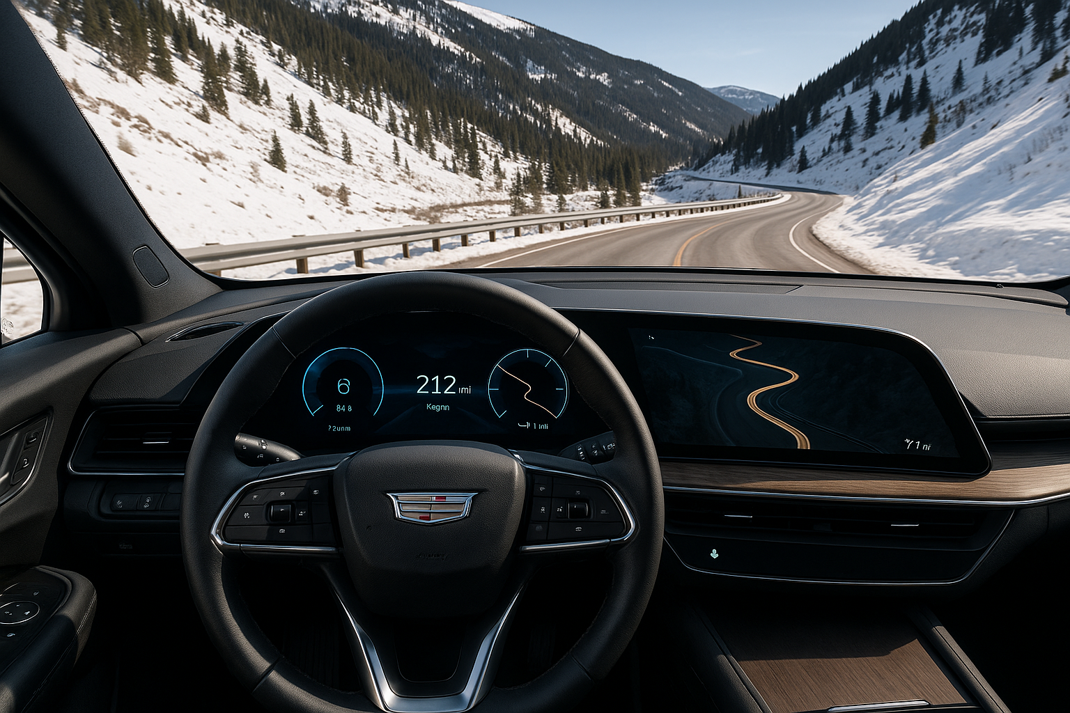 Cadillac interiør med digital instrumentering i bjerglandskab