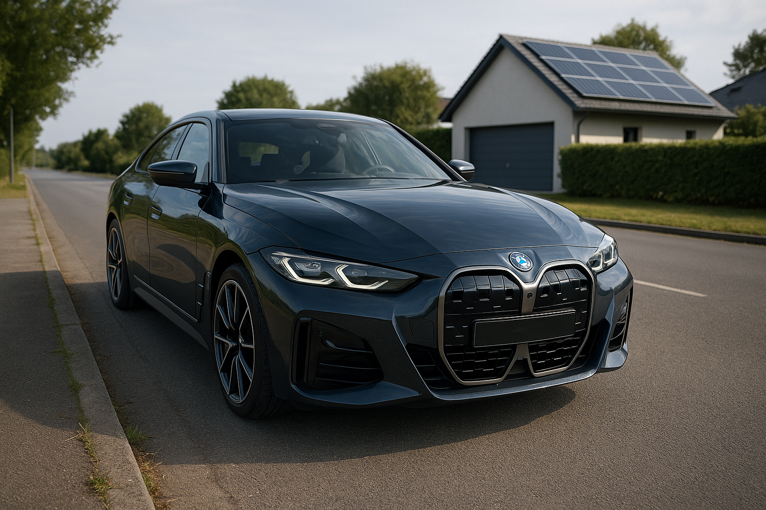 BMW i4 parkeret foran et hus med solpaneler