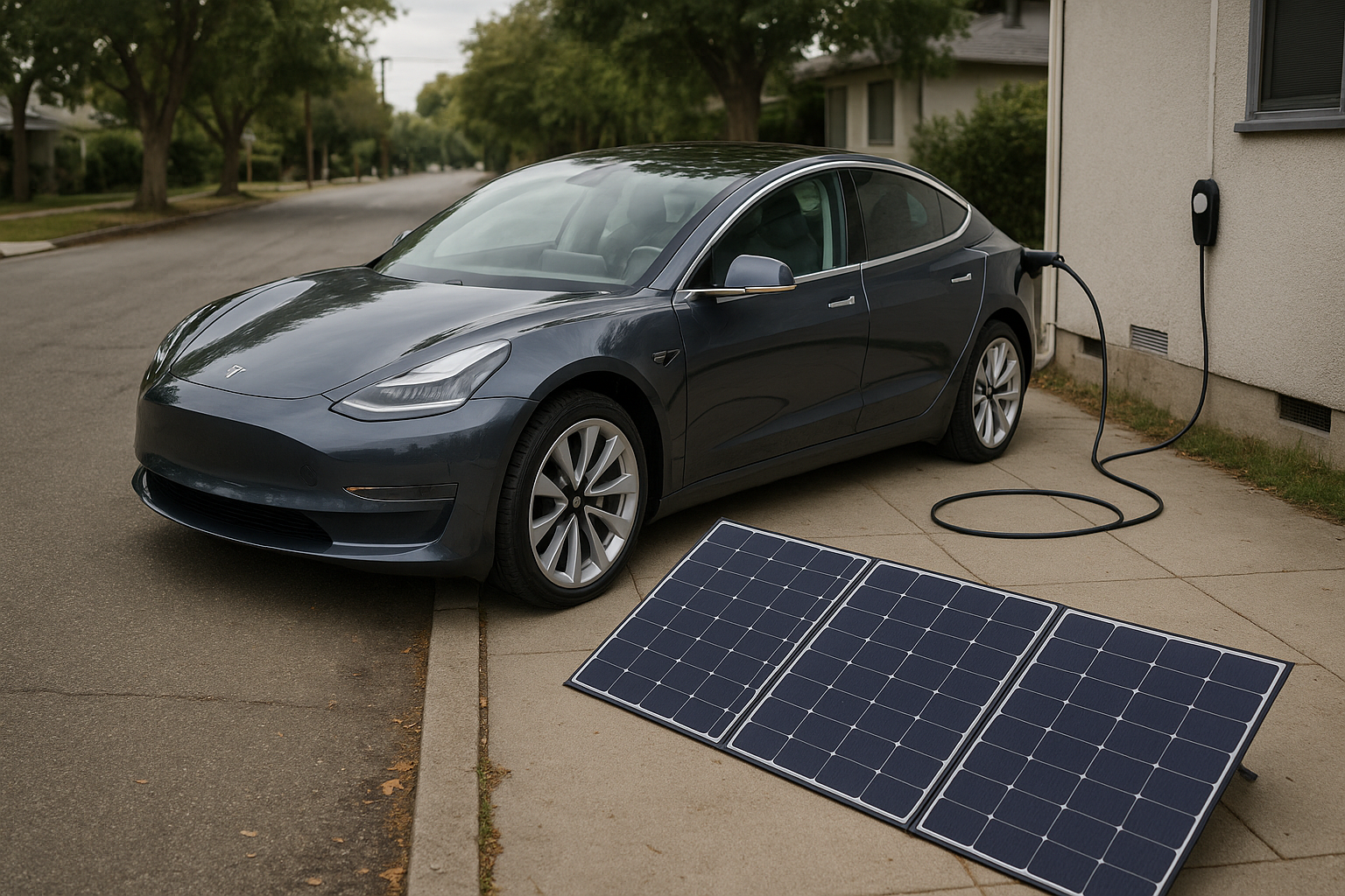 Tesla Model 3 oplader med solpaneler ved kantsten