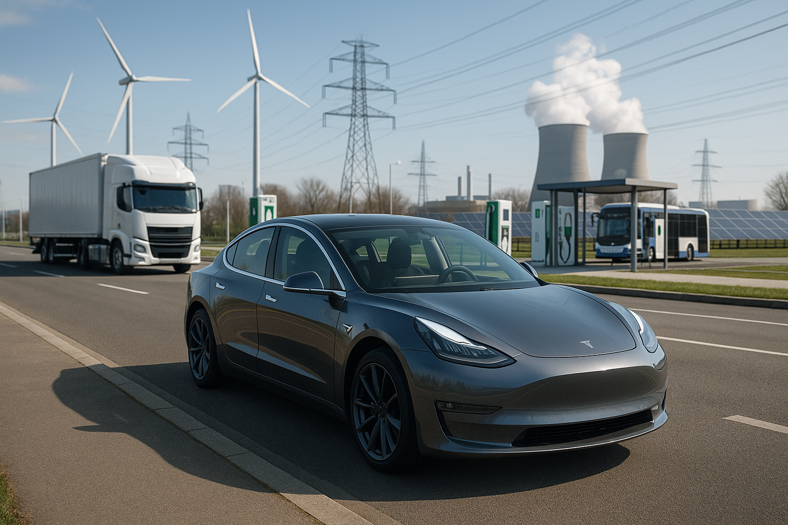 Tesla Model 3 parkeret ved vej med vindmøller