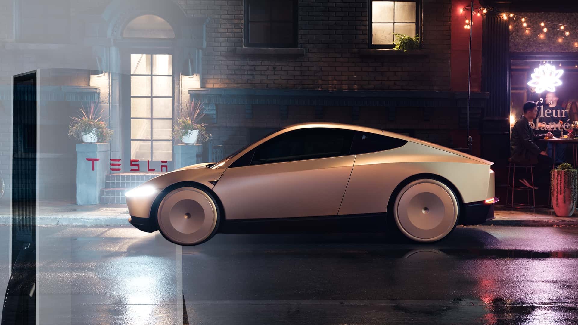 Tesla konceptbil parkeret ved restaurant om natten