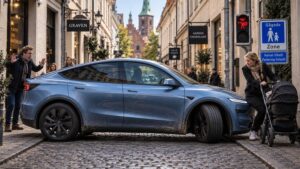 Tesla Model Y på brostensvej i by omgivet af fodgængere