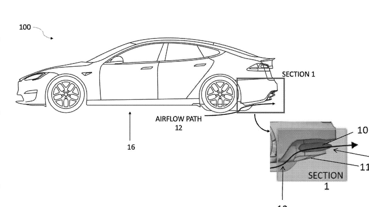 Tesla Model S tegning med luftstrømsdiagram