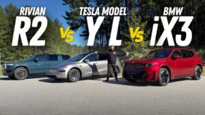 Rivian R2, Tesla Model Y, BMW iX3 sammenligning udendørs