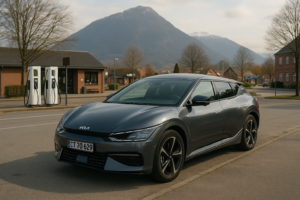 Kia EV6 parkeret foran ladestationer i bymiljø