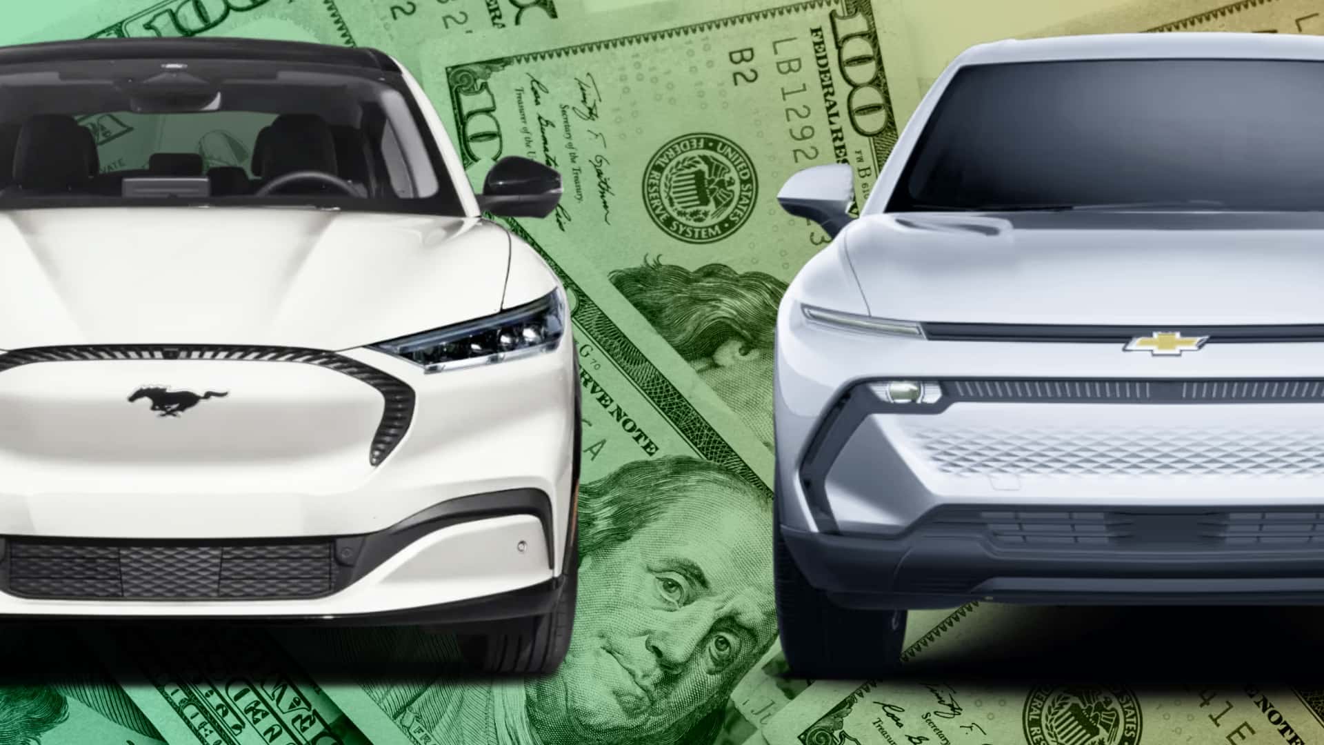 Ford Mustang Mach-E og Chevrolet SUV på baggrund af dollarsedler