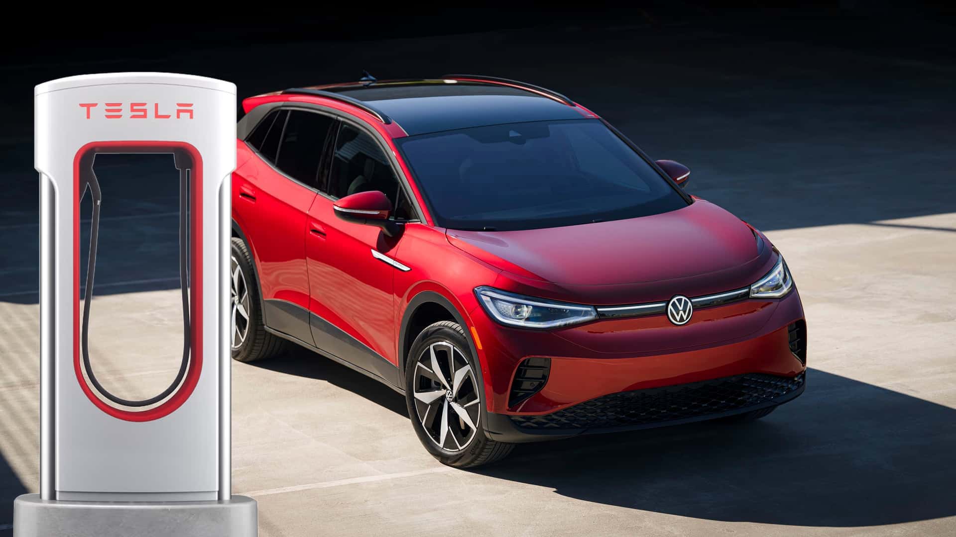 VW ID.4 ved Tesla ladestation